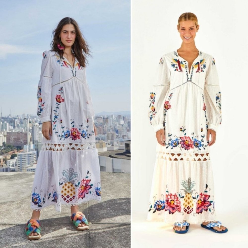 NWT! FARM RIO Macaw Cross Stitch Embroidered Maxi Dress SIZE M